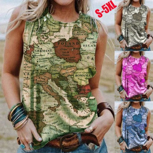 Summer New Fashion Women's Round Neck Plus Size Pullover Sleeveless Map Printed Vest Casual Top Women Clothing Female Tee Shirt