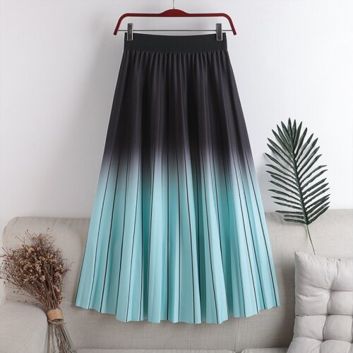 Gradient Color Pleated Print Rainbow Striped Skirt Women Elastic Waist Spring and Autumn New Style High Waist Thinner Mid-length