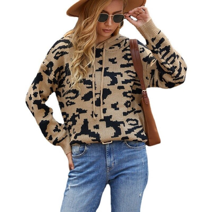 Cross-border sweater women 2021 new sweater leopard print drawstring hooded sweater