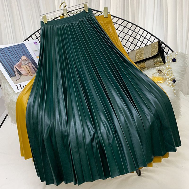 PU Leather Pleated Skirt Women Autumn Winter 2020 New European Style Elastic High Waist Solid Midi Long Skirts Female