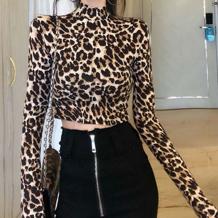 2022 New Fashion Sexy High Street Ladies Zebra Leopard Animal Print Shirts Women Turtleneck Long Sleeve Stretch Zebra Female Top