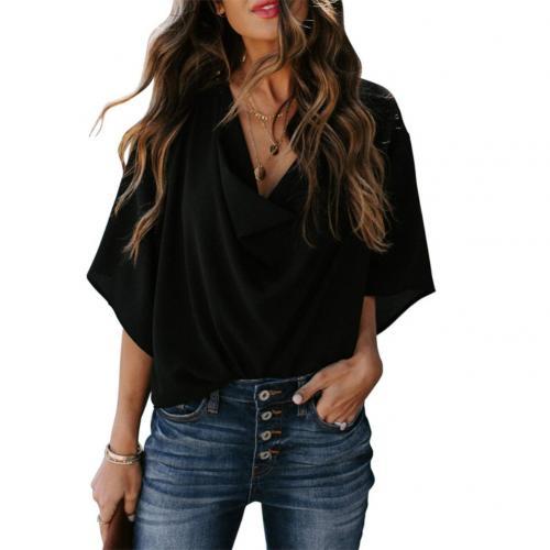 Women Blouses Fashion Solid Color Half Sleeve V Neck Draped Front Shirt Blouse блузка женская ropa de mujer 2021