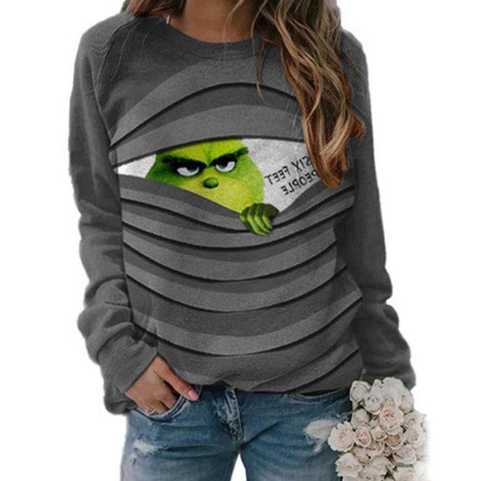 Autumn Winter Funny Grinch Christmas Cute Casual Hoodie Sweatshirts Crewneck Long SleeveWomen Pullovers Kawaii Tops