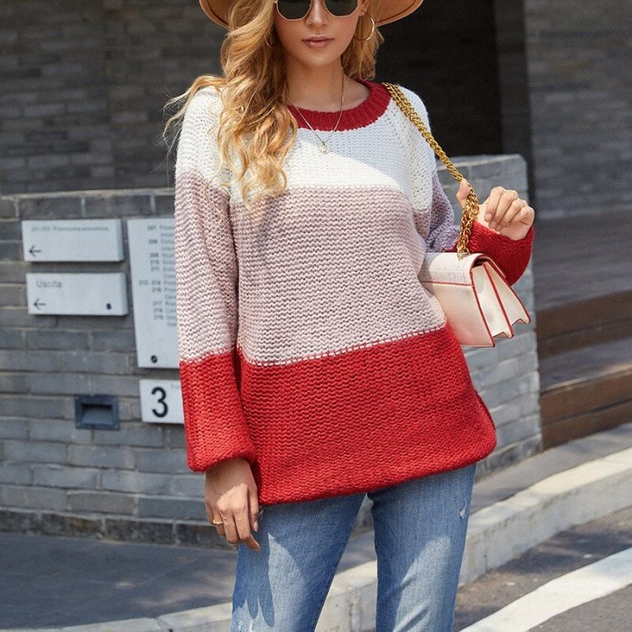 Autumn and winter thick mohair sweater women 2021 new striped stitching contrast color sweater