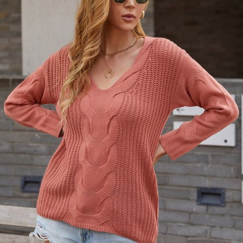 2021 Warm Sweater Female Pullovers Women V Neck Sweaters Knitted Jumpers Fashion Solid Color Twist Pullover Lady Tops Autumn