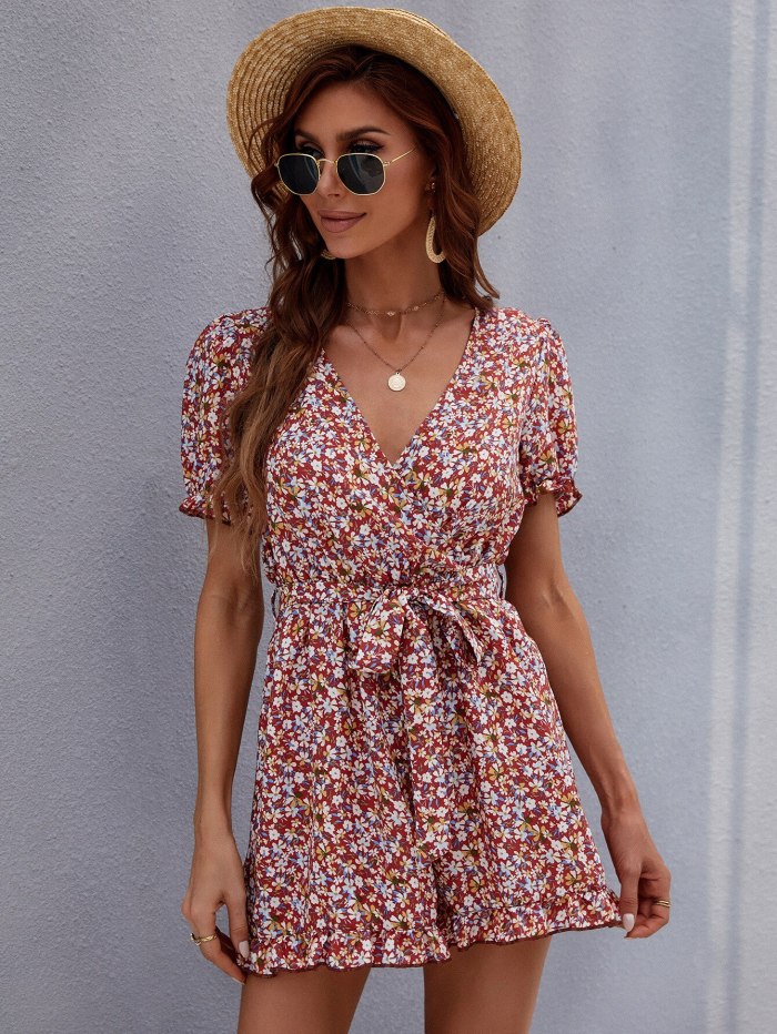 Floral Chiffon Short Sleeve Jumpsuit Women's Summer 2021 Waist Tie Temperament V-neck Flared Sleeve A-line Rompers