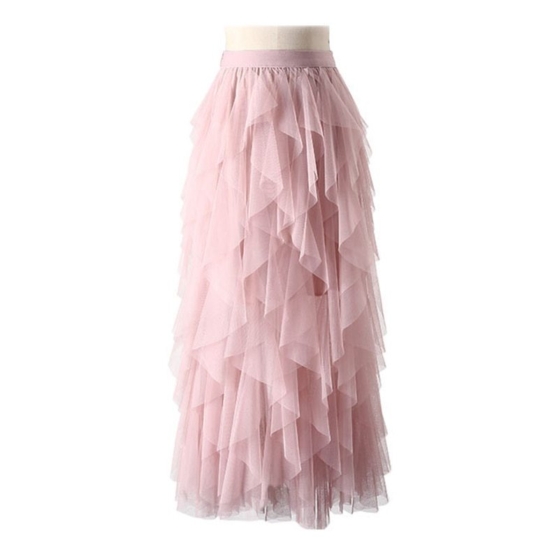 Irregular Tulle Skirt Women 2021 Spring Summer Korean Elegant High Waist Pleated Skirt Female A-line Long Maxi Skirt