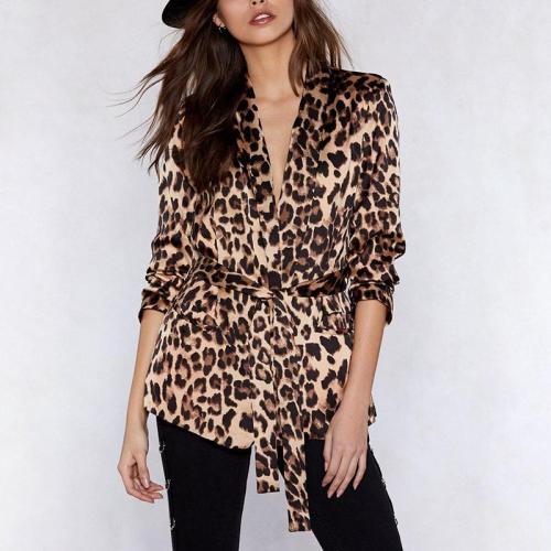 Fashion Deep V-Neck Leopard Print Belted Blouse