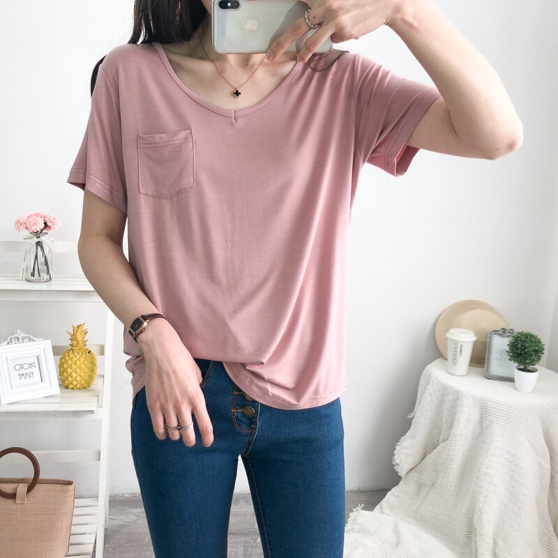 Large size modal loose short-sleeved t-shirt women summer thin section V-neck half-sleeved soft and cool Modal top