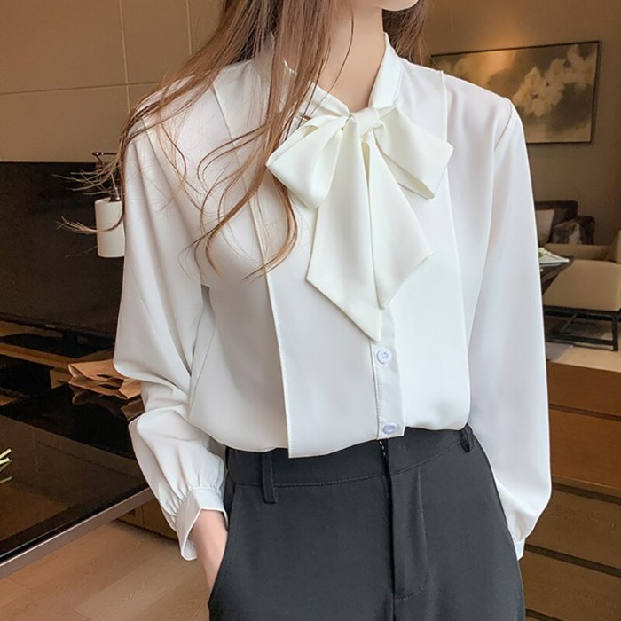 Bow White Blouse Women 2021 Button Office Lady Long Sleeve Blue Chiffon Shirt Autumn Tops Woman Clothes Pocket Womens Shirts