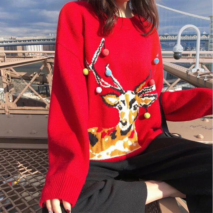 Slouchy Christmas Reindeer Red Sweater