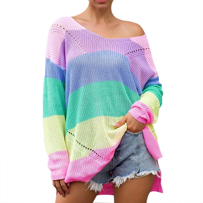 Women Tops Blouses women Plus Size Womens Long Sleeve Rainbow Stripe Casual Blouse Knit Shirts Top 2020 Streetwear