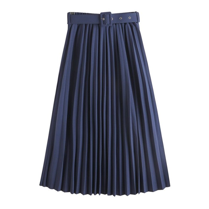 2021 New High Waist Women's Pleated Skirts with Belted Spring Summer Minimalism Elegant Office Female Mi-long Skirt Saia