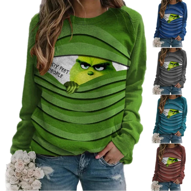 Autumn Winter Funny Grinch Christmas Cute Casual Hoodie Sweatshirts Crewneck Long SleeveWomen Pullovers Kawaii Tops