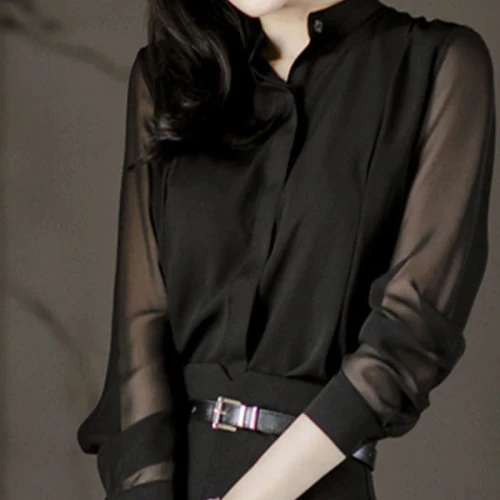 2021 Spring Women Chiffon Blouses & Tops Feminina Blusas Long Sleeve Shirt Lady Sexy Black Tops Shirt