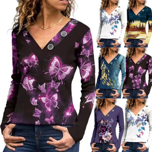 Fashion Women' S Women Sexy Tops Slim V-Neck Buttons Butterfly Print T-Shirt Femme Casual All-Match Long Sleeve 2021 Top Lady