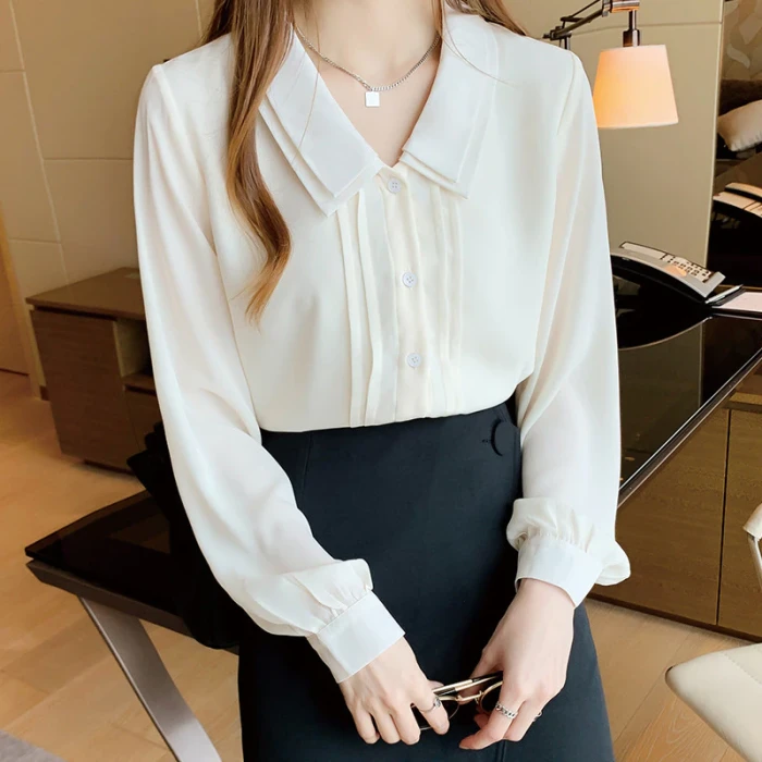 Doll Collar Shirt Female Design Sense Niche Autumn 2021 Korean Version Slim Long-sleeved Chiffon Shirt