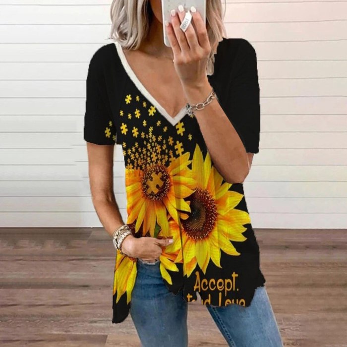 Sexy V-neck Loose Blouse Women's Sunflower Printed Short Sleeve V-neck Fold Casual Blouse Ladies Summer Casual Tee Tops