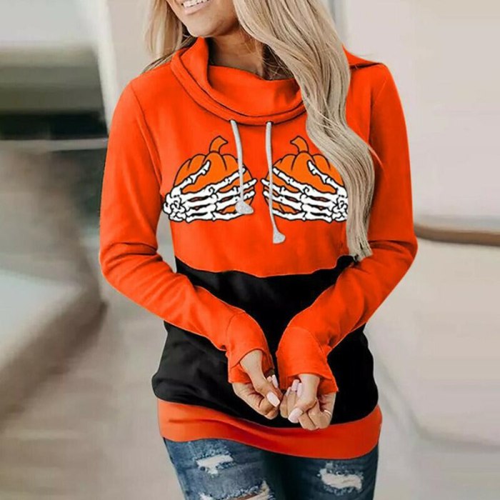 New Autumn Halloween Women Hoodies Skeleton Hand Pumpkin Print High Neck Drawstring Loose Sweatshirt Casual Long Sleeve Pullover