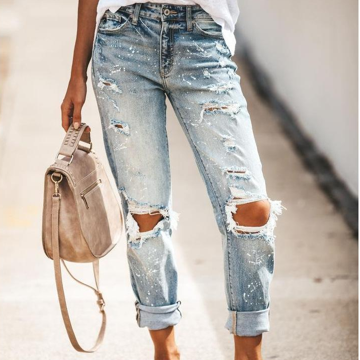 2021 New Women Fashion Mid Waist Boyfriend Big Ripped Hole Jeans Casual High Street Denim Pants Sexy Vintage Pencil Calca Jeans