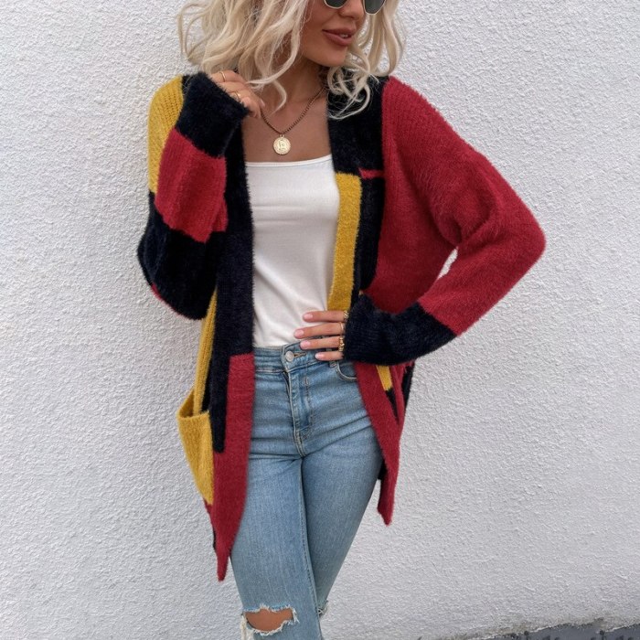 Ladies Irregular Color Block Sweater Cardigan 2021 Fall/Winter New Long Sleeve Knitted Oversized Jacket Casual Warm Cardigan