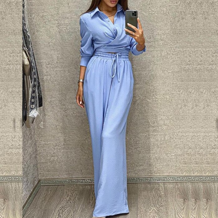 2021 Elegant Solid Lapel Button Down Shirts + Wide Leg Pant Outfit Office Lady Fashion Long Sleeved Homewear Solid Two Piece Set