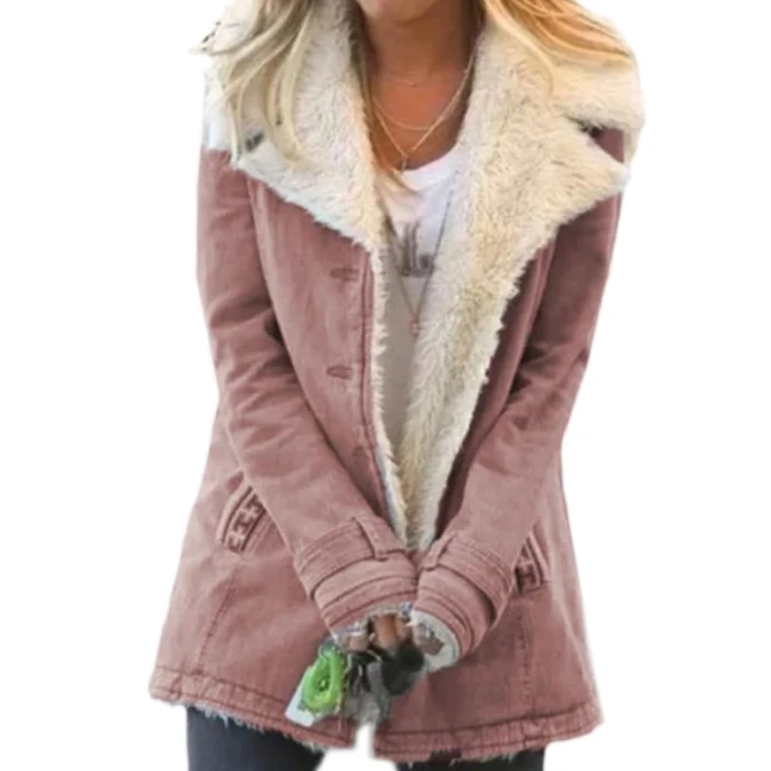 Women Winter Long Sleeve Faux Denim Jacket Vintage Lapel Single Breasted Coat Thicken Warm Plush Lined Loose Outerwear