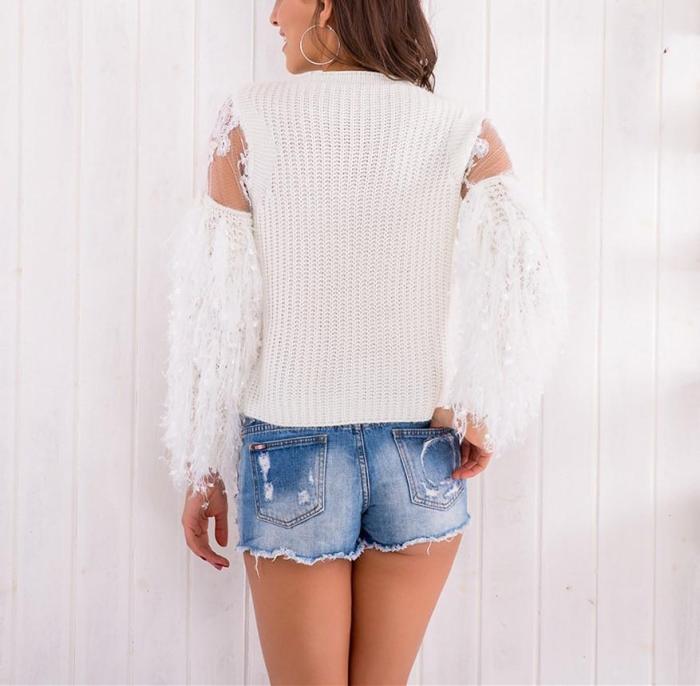 Fashion Sexy Lace Splicing Long Sleeve Sweater Knit Blouse