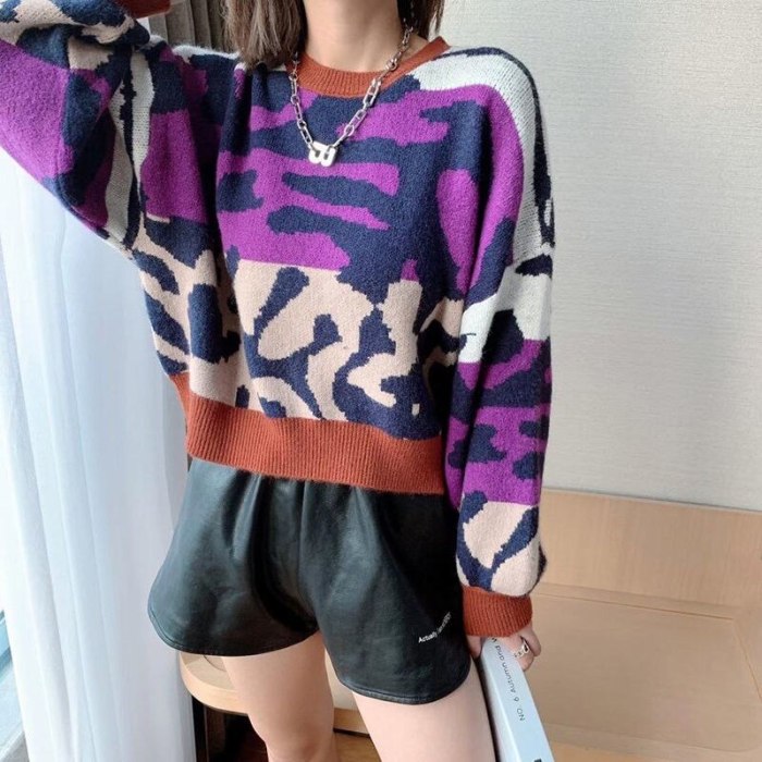 Women Pullovers Sweater Leopard Patchwork Crop Top
