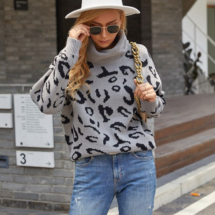 2021 Autumn Winter Turtleneck Knitted Sweaters Women Long Sleeve Leopard Thick Pullover Jumper Casual Loose Coat Tops