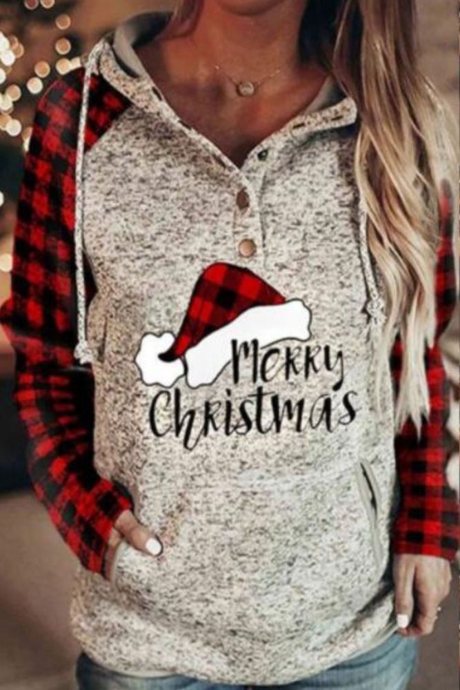 Women Casual Christmas Hoodie Long Sleeves Buttons Collar Pockets Sweatshirt Elk Print Pullover Tops