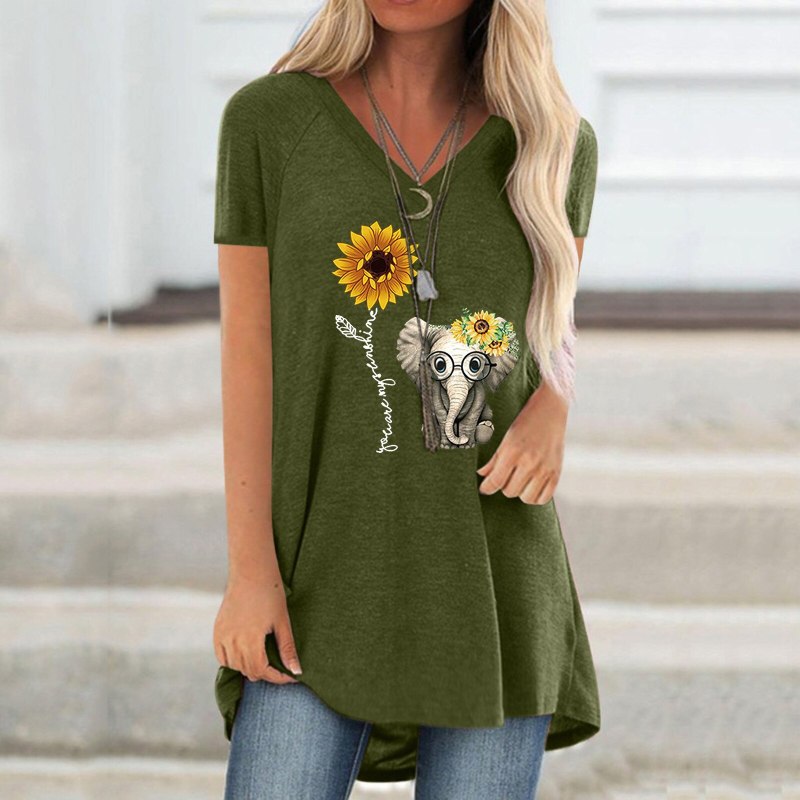 Women Tops Shirts Spring And Summer 2021 Pullover V-neck Print Loose Casual Black Green Short Sleeve Longer T-shirt