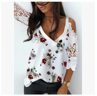 Large size loose lace womens blouse 2021 summer hollow women shirt tops fashion V-neck three-quarter sleeve casual women blouses