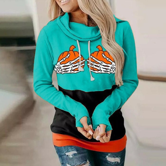 New Autumn Halloween Women Hoodies Skeleton Hand Pumpkin Print High Neck Drawstring Loose Sweatshirt Casual Long Sleeve Pullover