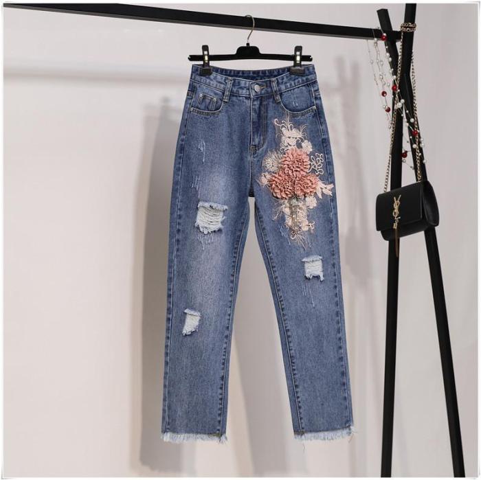 Embroidered Three-dimensional Flower Jeans Women's Spring And Summer 2021 New Fashion All-match Ripped Denim Nine-point Pants