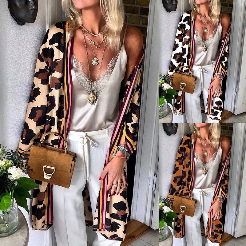 Women Fashion Cool Mid-length Leopard Print Cardigan Coat Lady Autumn Clothes Trendy Trench Coat Windbreaker Streetwear FC736