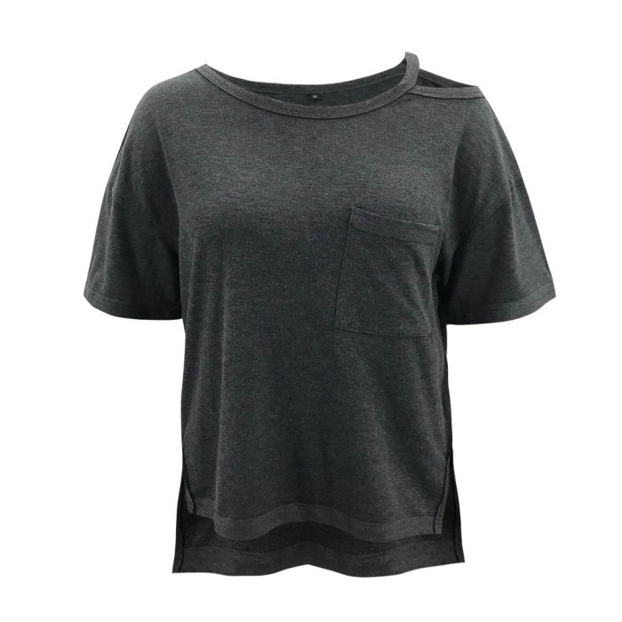 2021 Fashion Women Solid T-Shirts One Shoulder Design Pocket Decor O Neck Short Sleeve Summer Casual Loose Tee Shirt