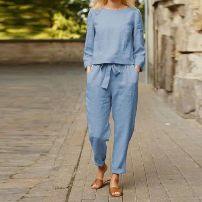 Autumn Office Lady Elegant Long Sleeve Outfit Women Solid Cotton Linen Two Piece Sets Casual O Neck Tops + Wide Leg Pants Suits