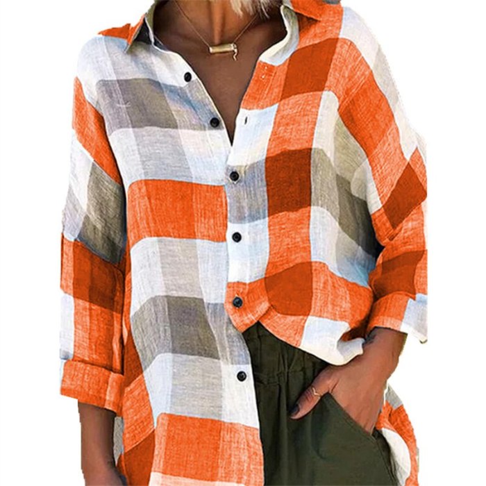 Plaid Shirt Women's 2021 Spring Autumn Fashion New Style Lapel Long Sleeve Loose Temperament Top Trendy 248