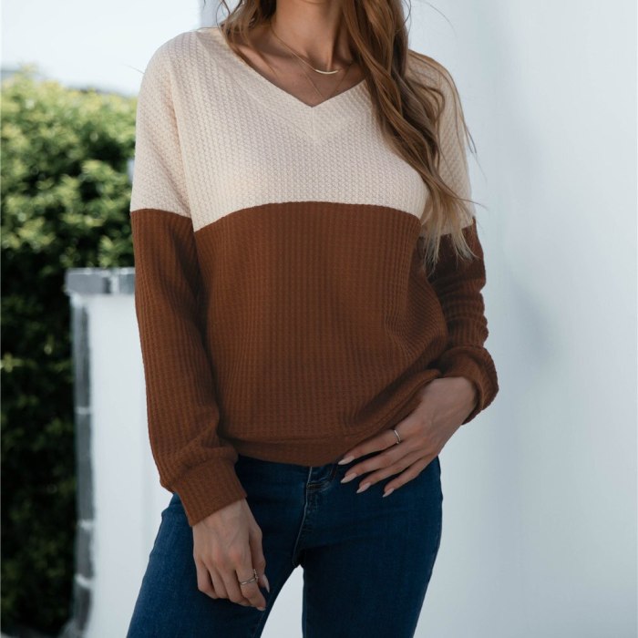 Women V Neck Knit Pullover Autumn Winter Contrast Color Fashion Casual Long Sleeve Tops Tee 2021 New Arrivals Dropshipping