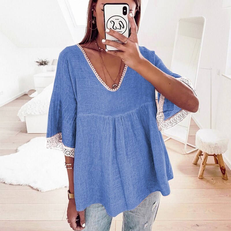 Casual Loose Pure Color Pullover Blouse Women 2021 Summer New Lace Stitching Five-Point Sleeve Shirt Blouses Femme Blusas Mujer