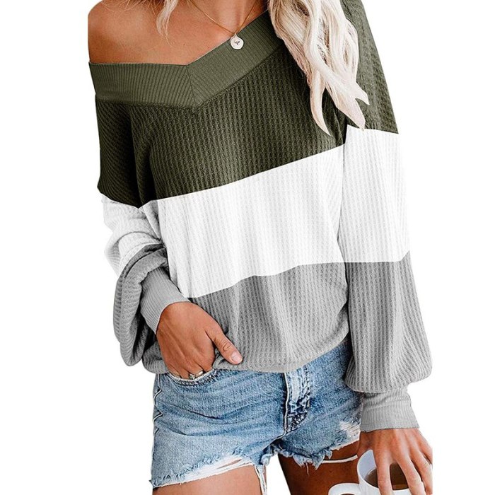 2021 Autumn New Fashion Women Sexy V-Neck Urban Casual Bat Sleeve Knitted Three-Color Stitching Loose Comfortable Ladies T-shirt