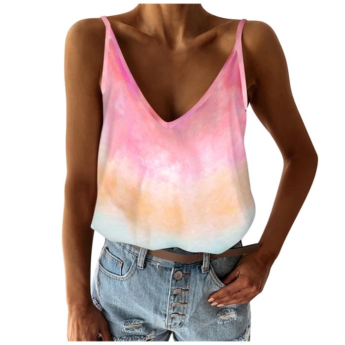 Womens Fashion Camisole Tie-Dye Loose Fit V Neck Sleeveless Color Block Camis Vest Stitching Tops Women Summer Camisole 2021