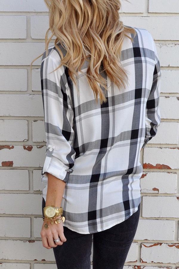 Turn Down Collar Single Breasted Checkered Blouses