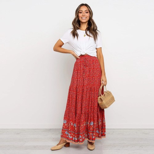 Summer Women New Vintage Floral Print Skirts Boho Casual Loose High Waist Stretchy Lace Up Decor Cotton Long Skirts Female