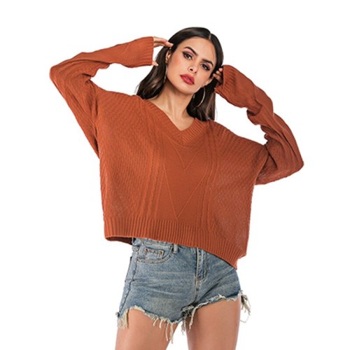 Khaki Autumn Winter Women Sexy Knitted Sweater Tops V-neck Solid Loose Casual Fashion OL Femme Jumper 2021