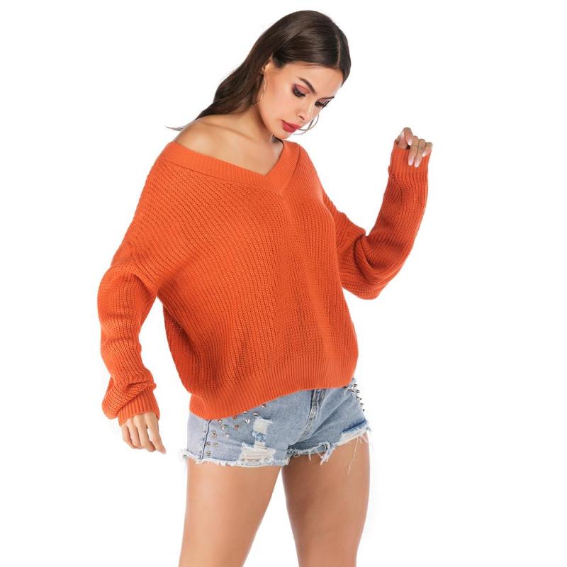 Autumn winter Orange Women knitted sweater Solid color loose casual Long sleeves pullover V-Neck Warm soft female clothes