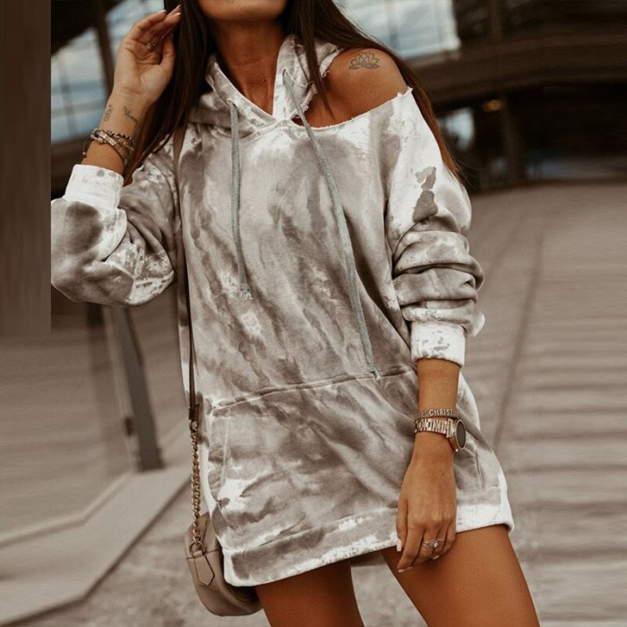 Autumn Winter Women Long Sleeve Pocket Hooded Sweatshirt Fashion Casual Tie-Dye Loose Hoodie Hollow Out Shoulder Pullover Tops