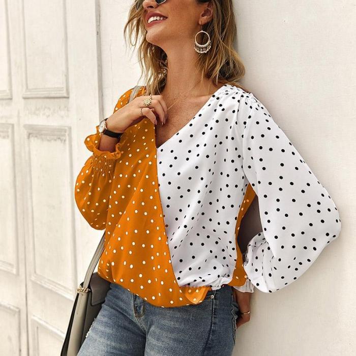Splicing Wave Point Long Sleeve Blouses