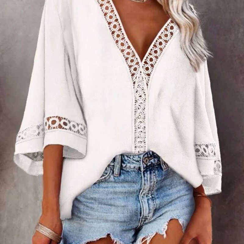 Women's Blouse Summer White Tops Loose Flared Sleeves Blouses V-Neck Hollow Lace Stitching Shirt Female Blusas Mujer Plus Size